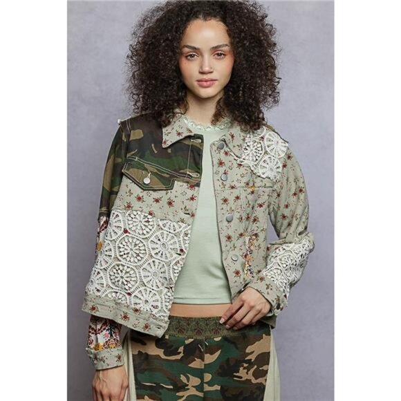 POL Floral Printed French Terry Jacket with Crochet Contrast - Picture 1 of 5